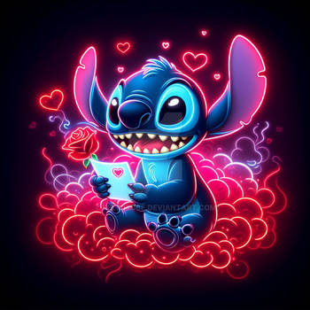 Neon Style Stitch monster reading a Valentine Card