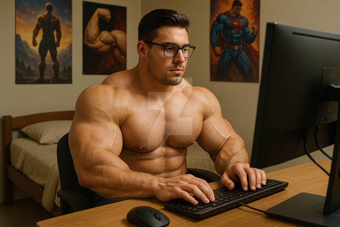 Muscle Guy Computer Working At The Computer by lovehugemuscles on DeviantArt