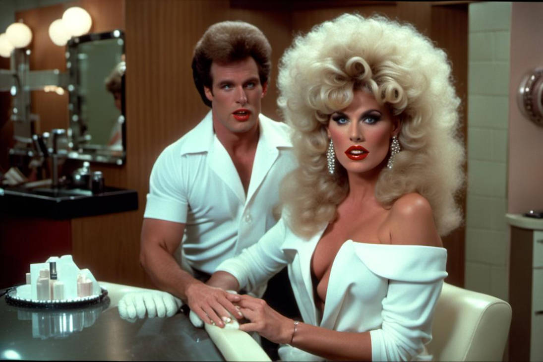 Garish, trashy 1980s beauty salon woman in a salon