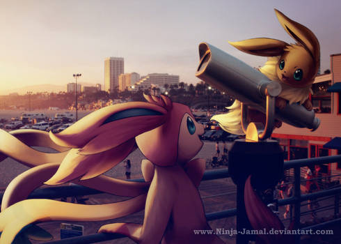 Wild Sylveon and Eevee by the sea