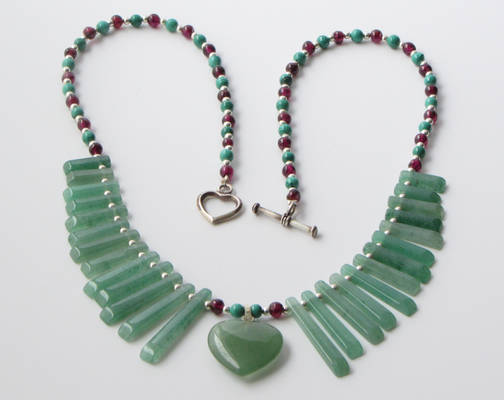 Silver, Aventurine, Malachite and Garnet Necklace