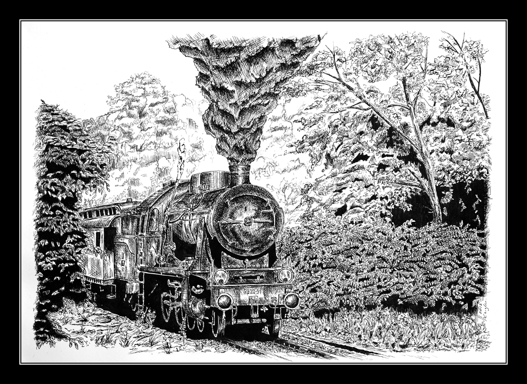 Steam locomotive Ok22 - pen and ink.