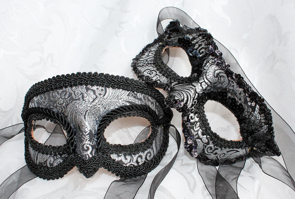 Couples Silver Black Brocade and Leather Masks