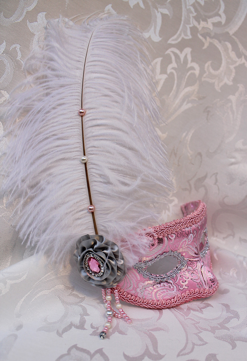 Pink And Silver Brocade Mask White Ostrich Feather