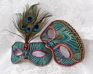 Peacock Green Brocade Couples Masks