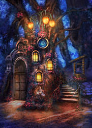 Little house in night forest