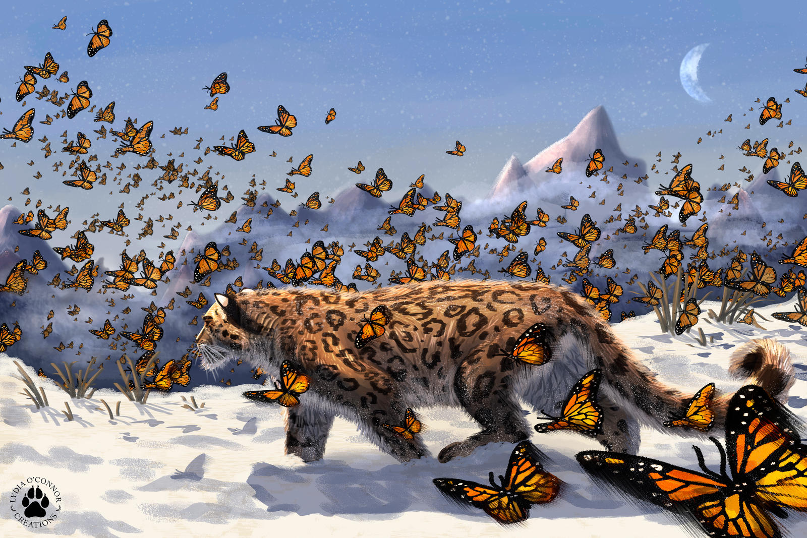 Snow Leopard And Monarch Butterflies by LikkleLydia on DeviantArt