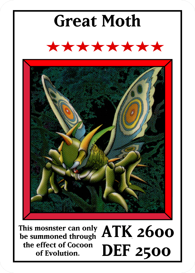 great moth yugioh card The Sacred Cards Perfectly Ultimate TSC-001 This monster can only be Special Summoned by offering Petit Moth as a Tribute on the 6th turns after Petit Moth has been equipped with Cocoon of Evolution Other STL Download - perfectly