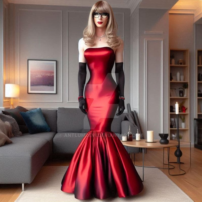 Crossdresser in red satin mermaid style gown.2020s by antlumdevi on ...