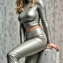 Woman in Grey long Sleeve Shirt and Leather Pants