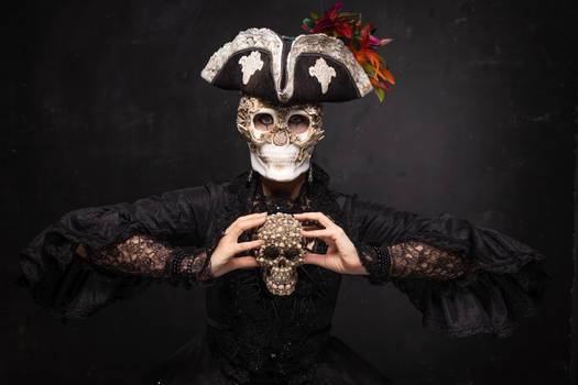 Stock - Pirate lady skull portrait holding skull