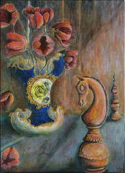 Still life with chessmen and rococo vase