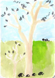 Trees, Hedgehogs And Birds - watercolor leftovers