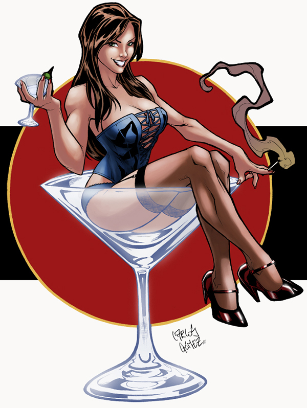 Pin Up Girl Drinking Glass Wine. 