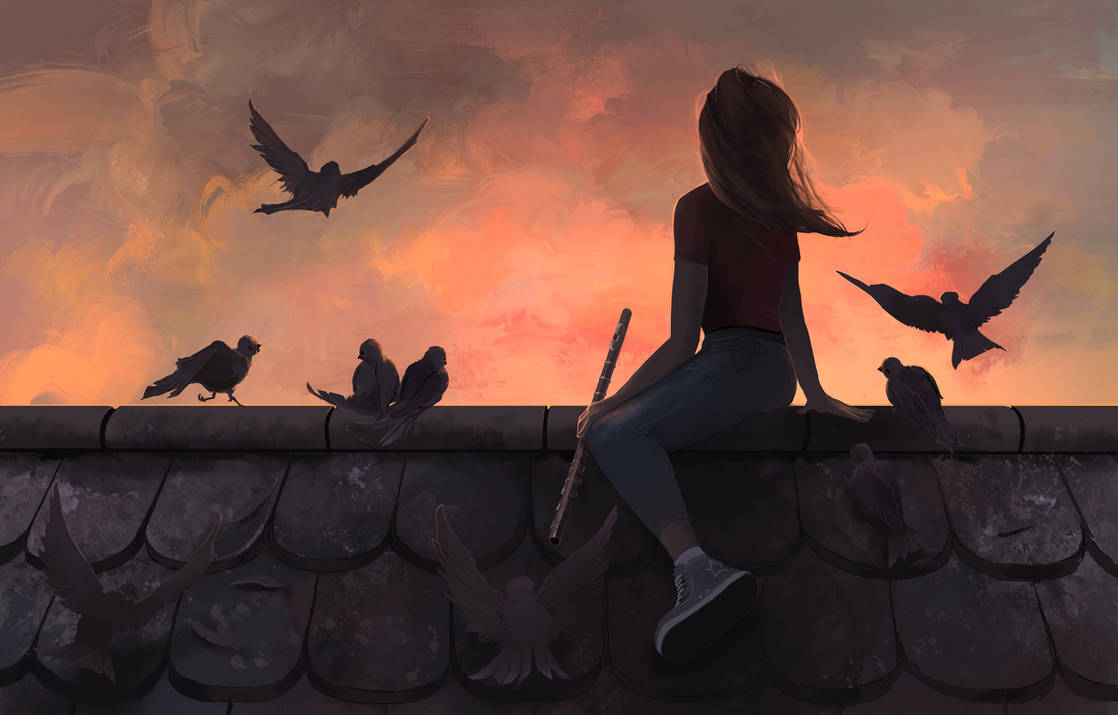 Песня душу крышу. Девушка сидит на крыше. Девушка на крыше арт. Человек на крыше арт. Девушка птица.