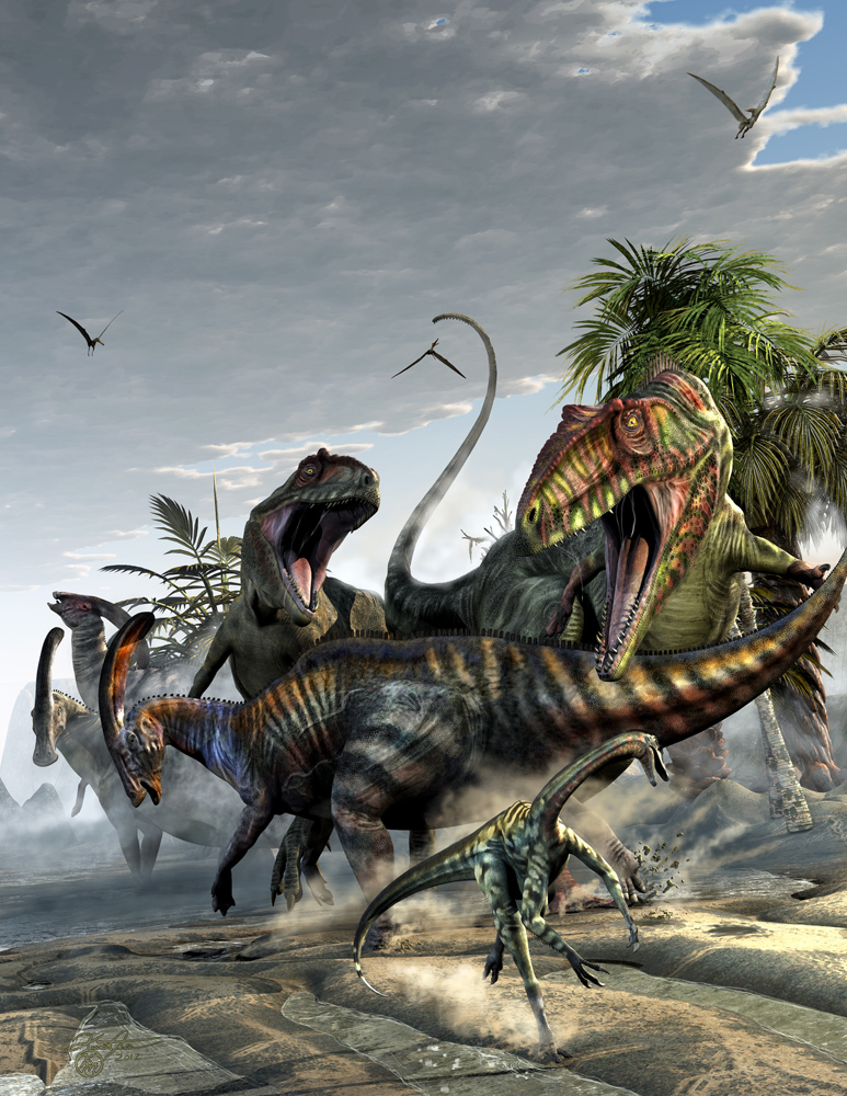 Giganotosaurus and Parasaurolophus by KMIStudio