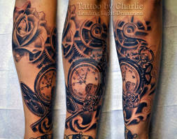 Pocket watch sleeve tattoo in progress