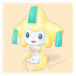 Jirachi holding a Mew plush