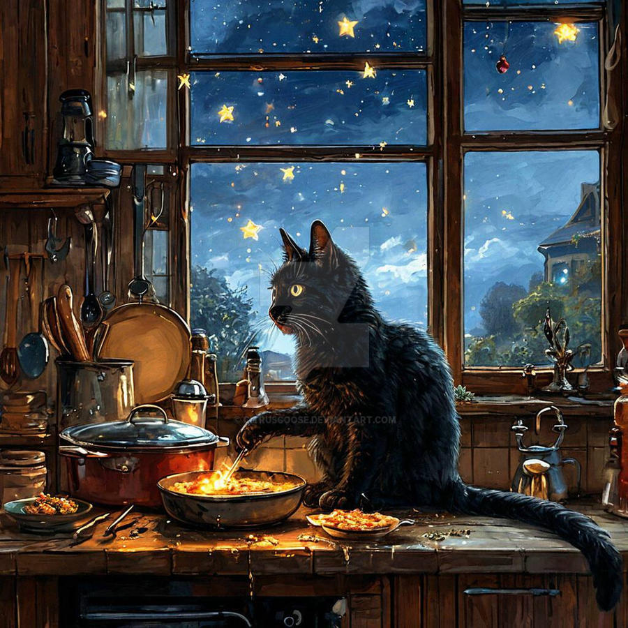black cat chef art print: boho kitchen cooking poster... Black cat cooking by CitrusGoose on DeviantArt