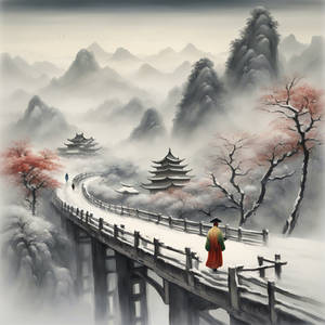 Chinese Scholar On Way To Pagoda On A Bridge, Snow