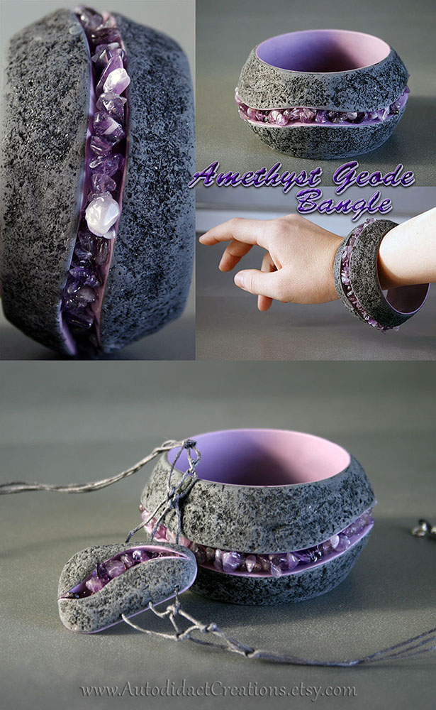 Amethyst Geode Style Bangle Bracelet and Pendant