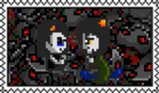 Pixel art of Equius and Nepeta sitting on a robot pile
