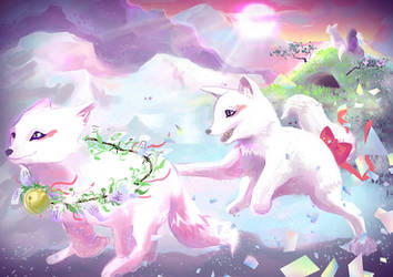 Magical snow fox pups playing