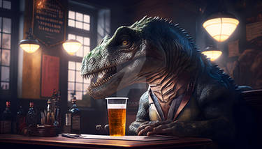 Dinosaur drinking Beer in a Pub