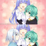 Miku being hugged by Origami and Natsumi CGs