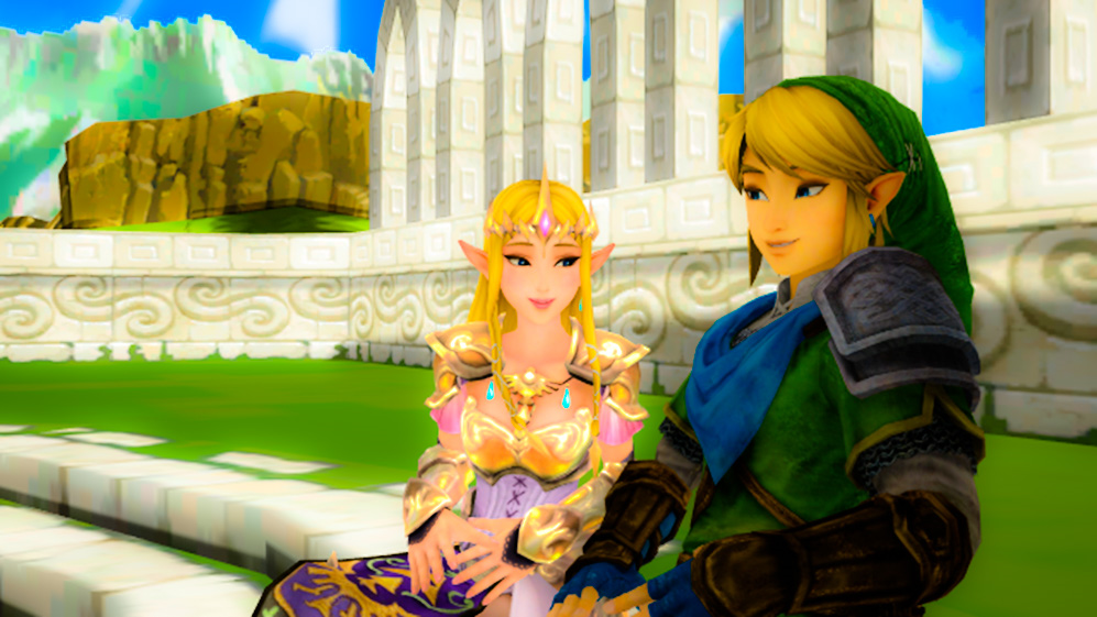 Link and Zelda Hyrule Warrior (Smiling Together).,