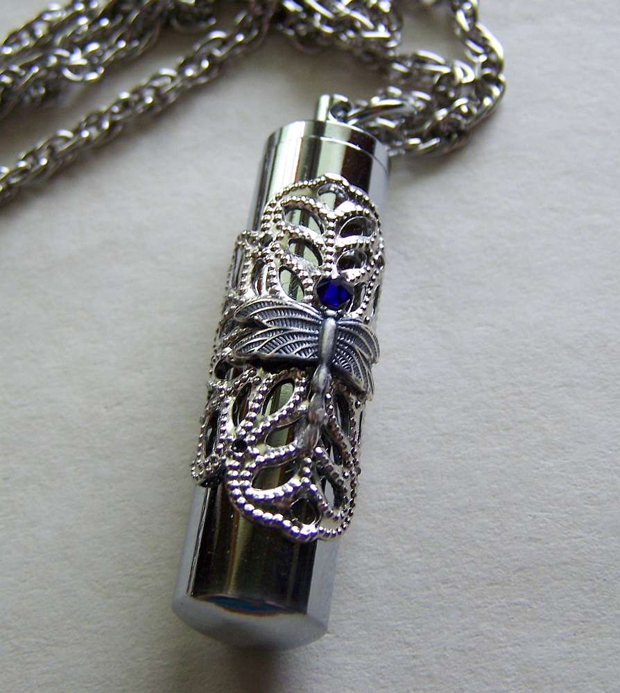 Silver Filigree Dragonfly Keepsake Capsule Pendant