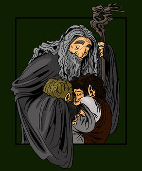 Fellowship hugs. Gandalf, Frodo, Sam