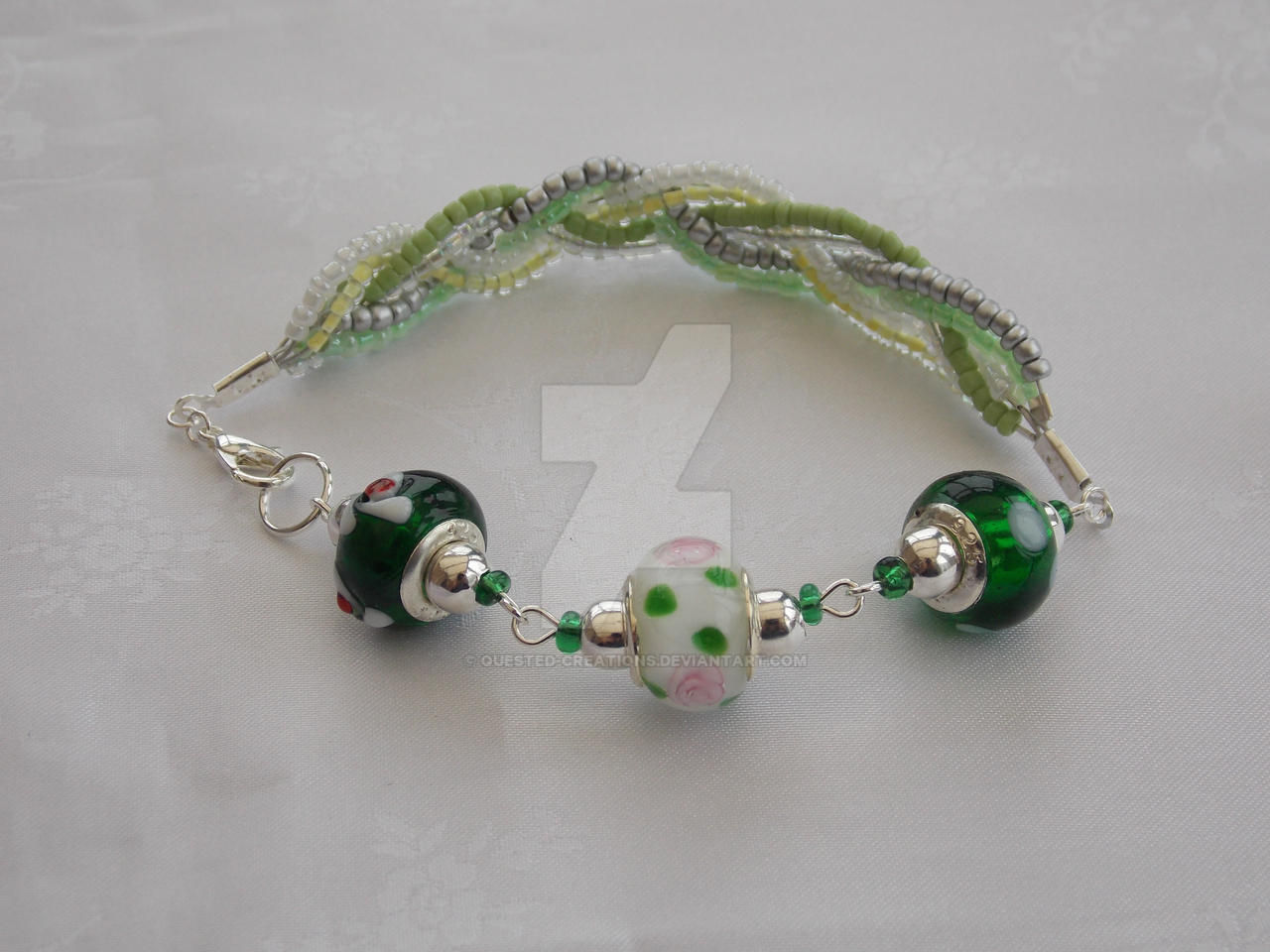 Green and white charm and seed bead bracelet 342b