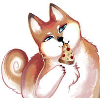 Shiba eating a pizza