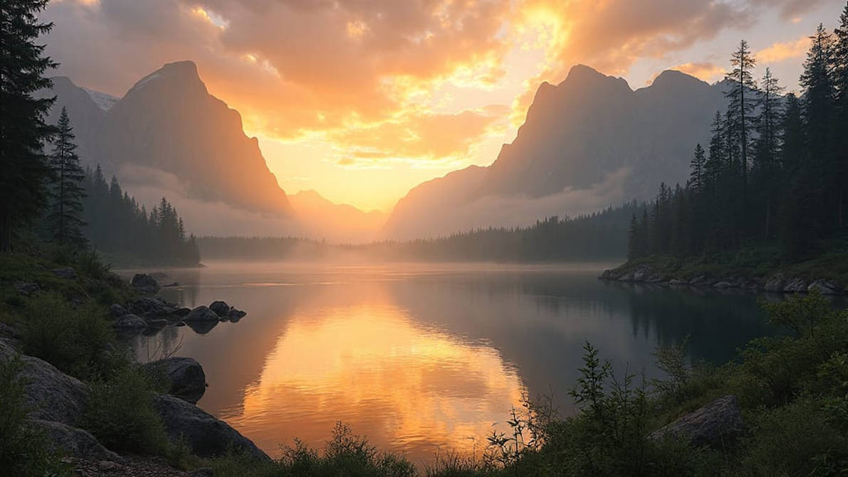 Sunrise over the Mountains and Lake by Lencarol on DeviantArt