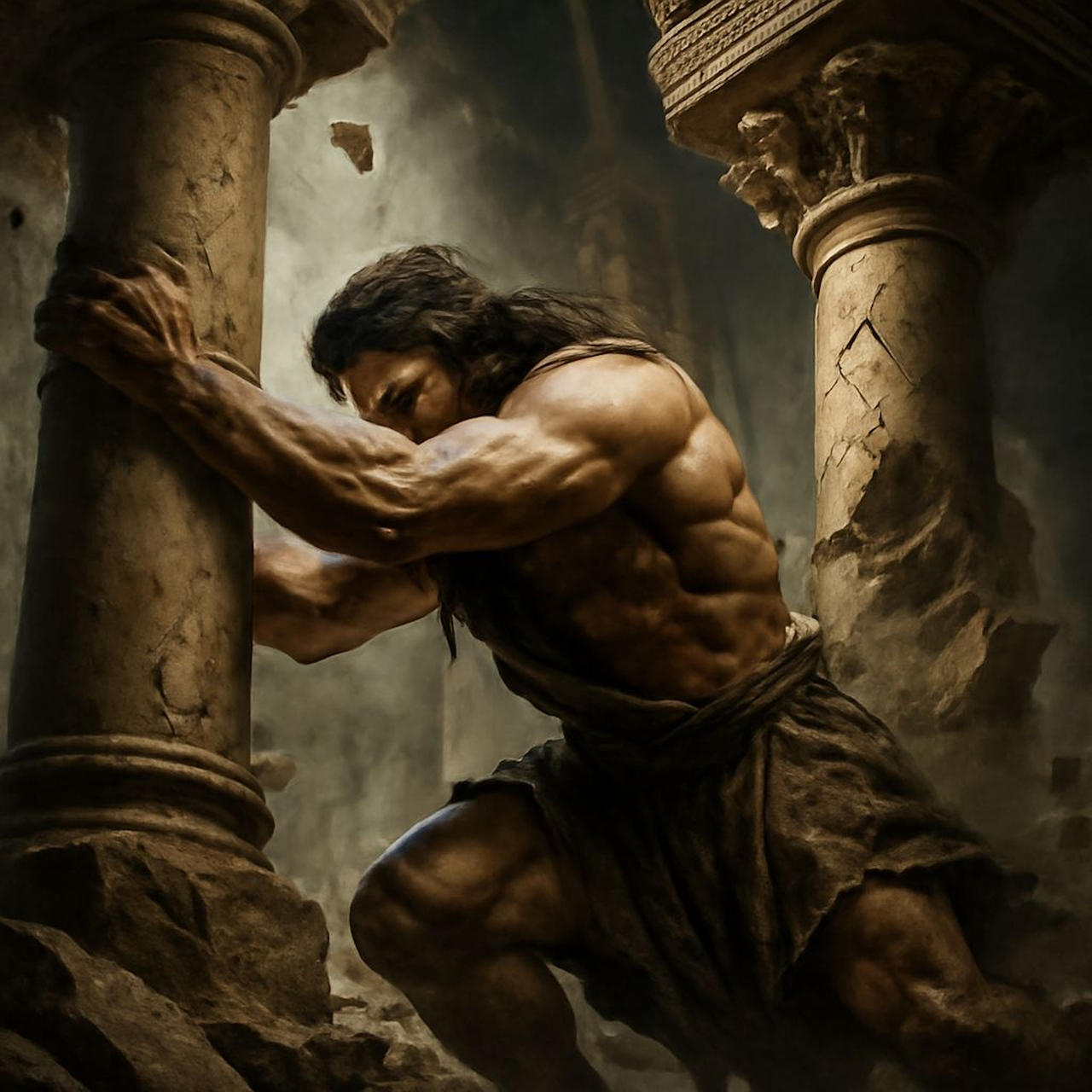 Scamson Samson pulling down Temple Pillars by Lencarol on DeviantArt