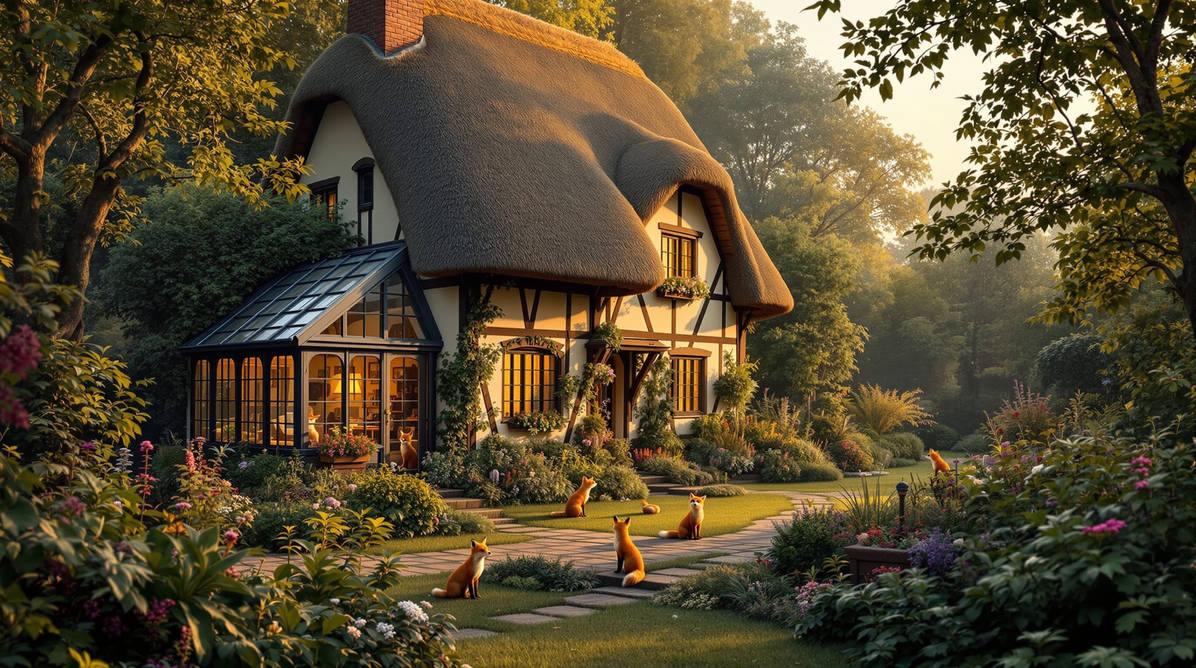 Thatched Cottage with Foxes by Lencarol on DeviantArt