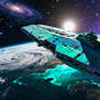 Spaceship in orbit above a Planet
