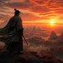 Samurai warrior stands on a windswept Plateau