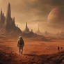 Astronaut walks across a desolate Alien desert