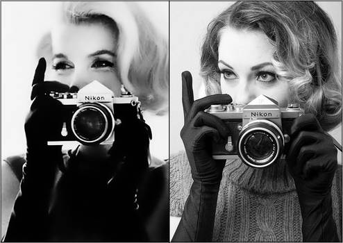Liliya mimics Marilyn's pose with a Nikon F