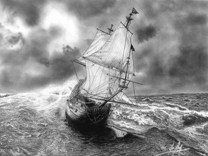 Stormy Sea Sail Ship Graphite Pencil Drawing