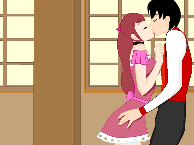 Enrico and Orchid kissing in the hallway