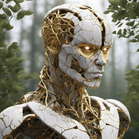 Humanoid Robot Head Made Of Cracked Marble And Gol