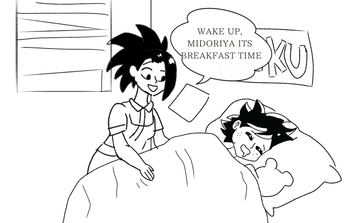 Momo wakes up Deku (art trade)