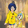 Ai and Luce as yellow raincoat buddies