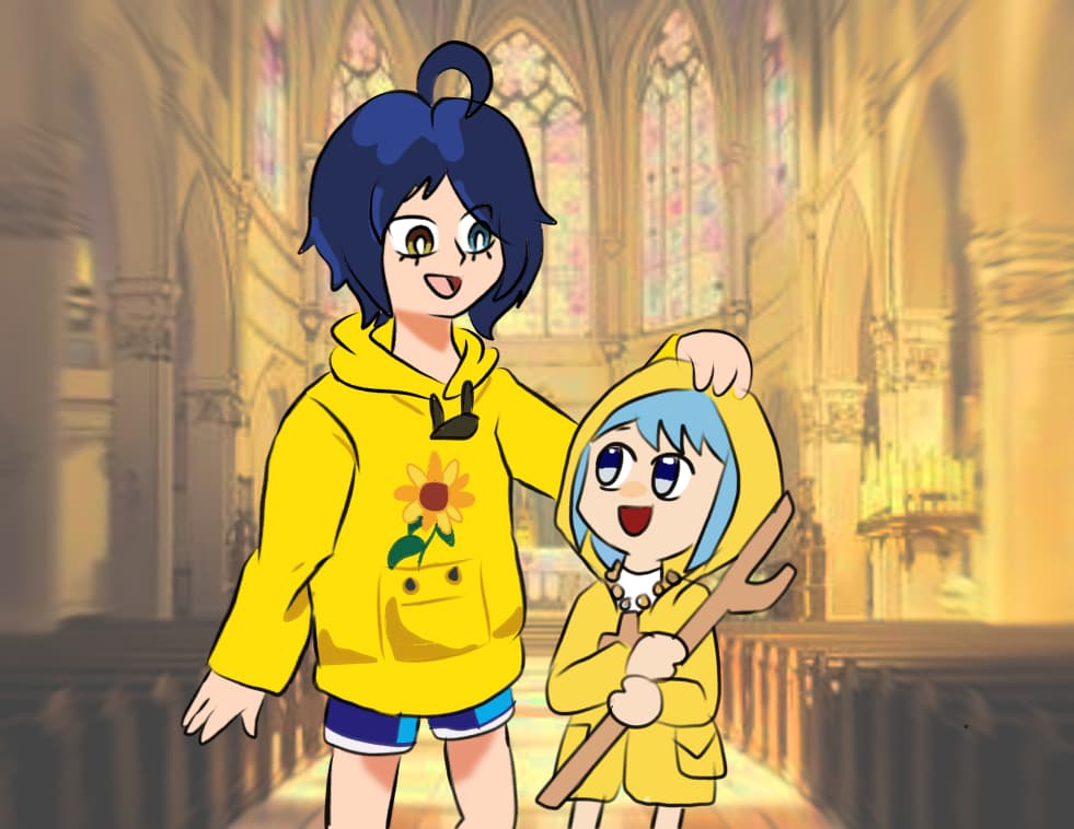 Ai and Luce as yellow raincoat buddies