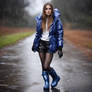 Puffer jacket,rain boots, sexy,girl , shiny jacket