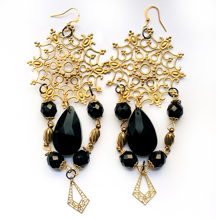 Black and Gold Filigree and Jet Drop Earrings