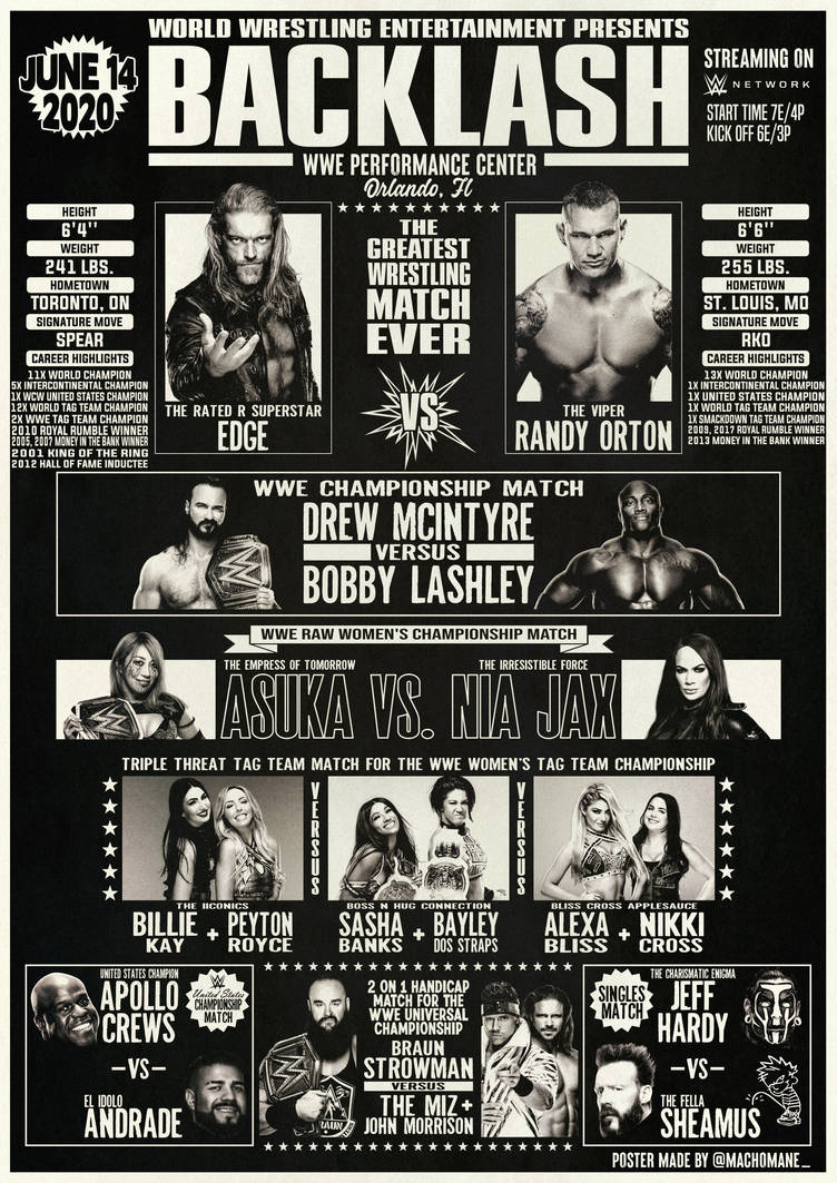 WWE BACKLASH 2020 MATCH CARD POSTER by Macho-Mane on DeviantArt